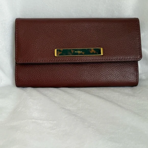 Fossil Blake Flap Wallet Henna Brown Tortoise Shell Long Trifold RFID Snap - Picture 1 of 9